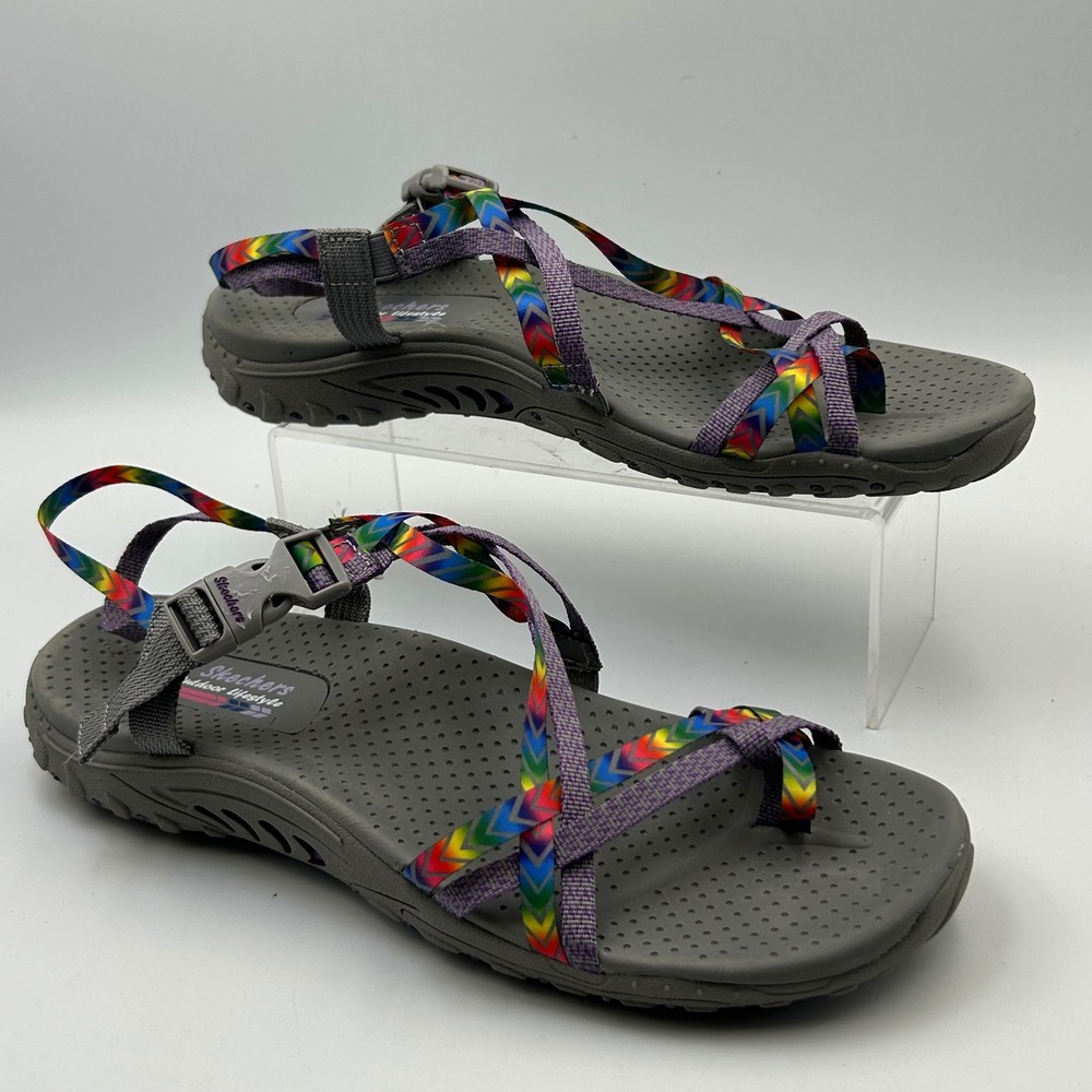 Skechers Outdoor Lifestyle Sandals Womens 10 Grey Rainbow Strappy Gorpcore Pride